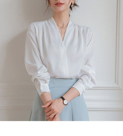 Elegant V-neck Satin Shirt Women's Commuter Formal Wear