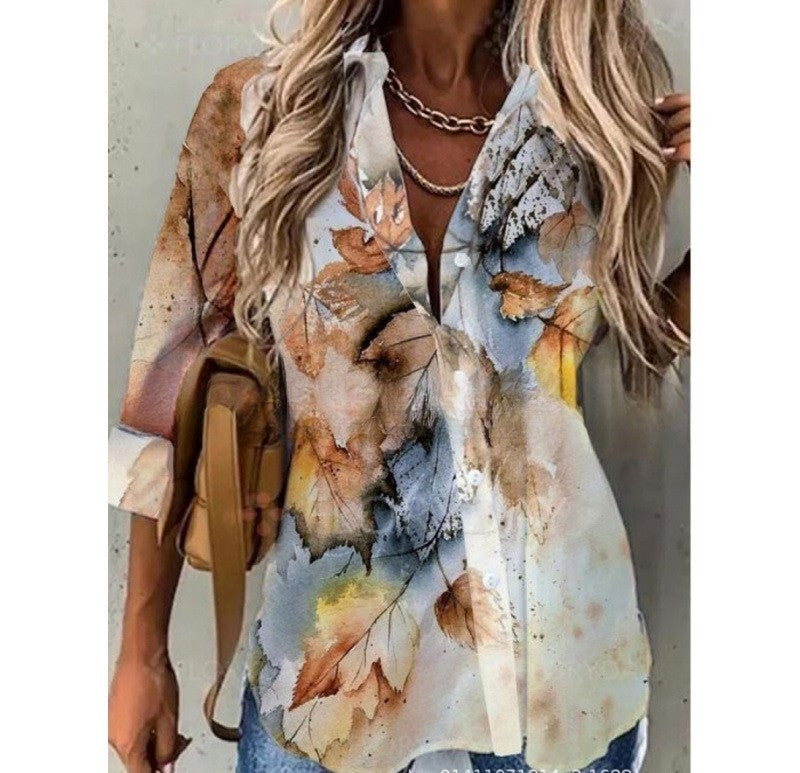 Spring And Summer New Fashionable Printed Collar Long Sleeved Shirt For Women