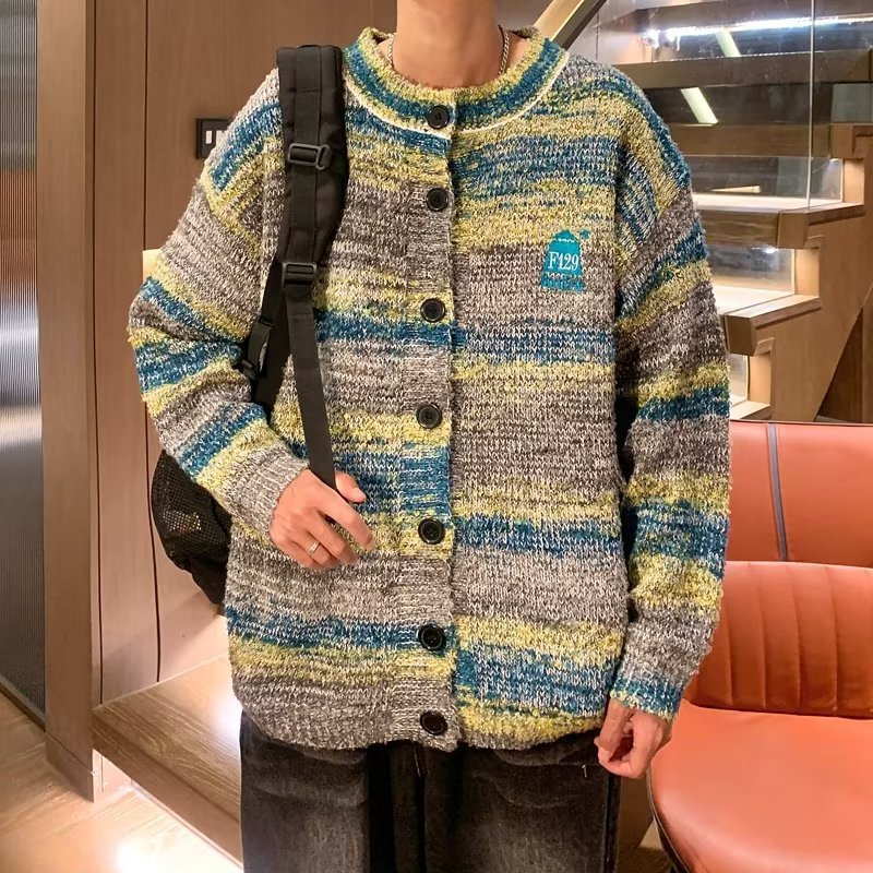 Gradient Contrast Korean Cardigan Sweater Men