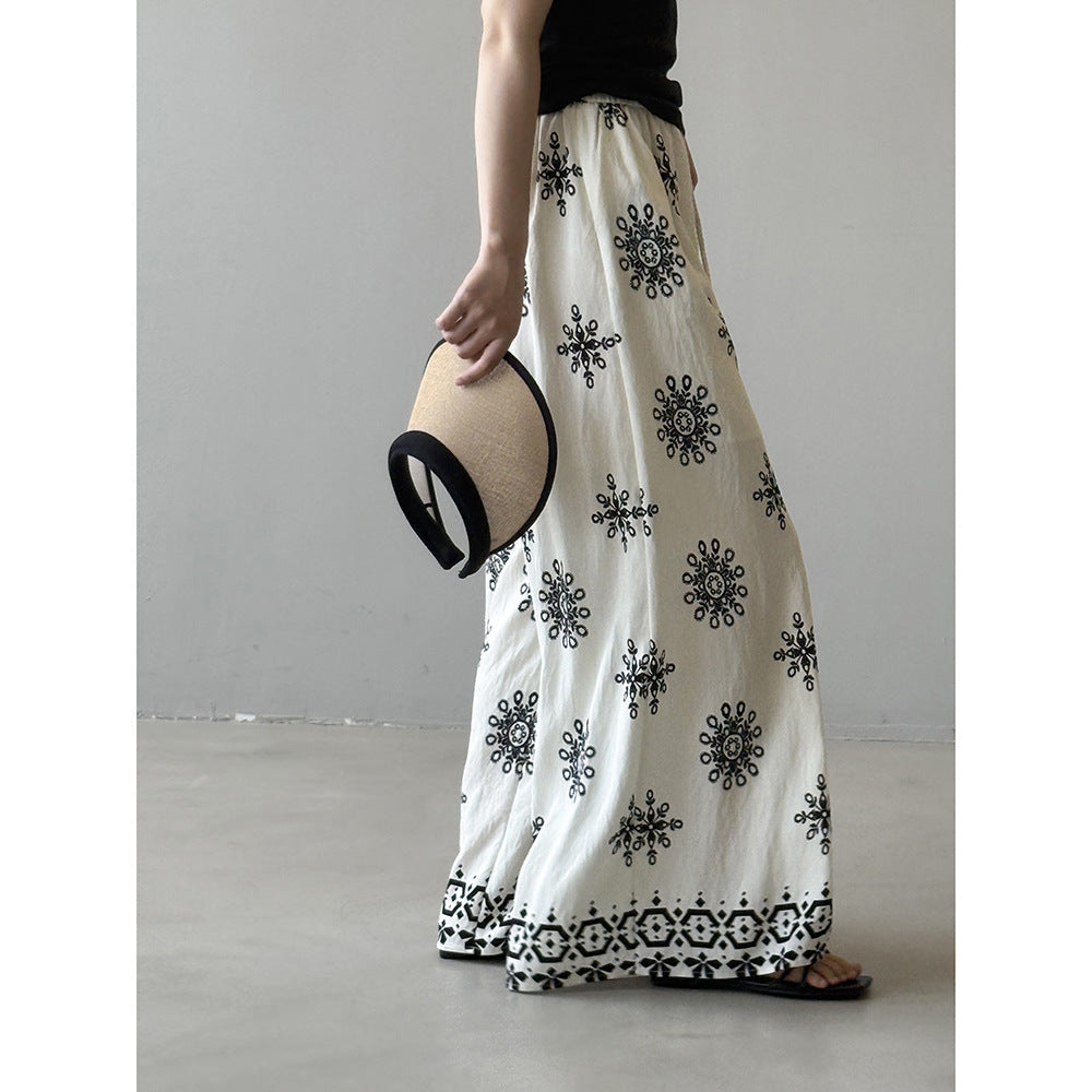 Women's Vintage Printed Drawstring Wide-leg Pants