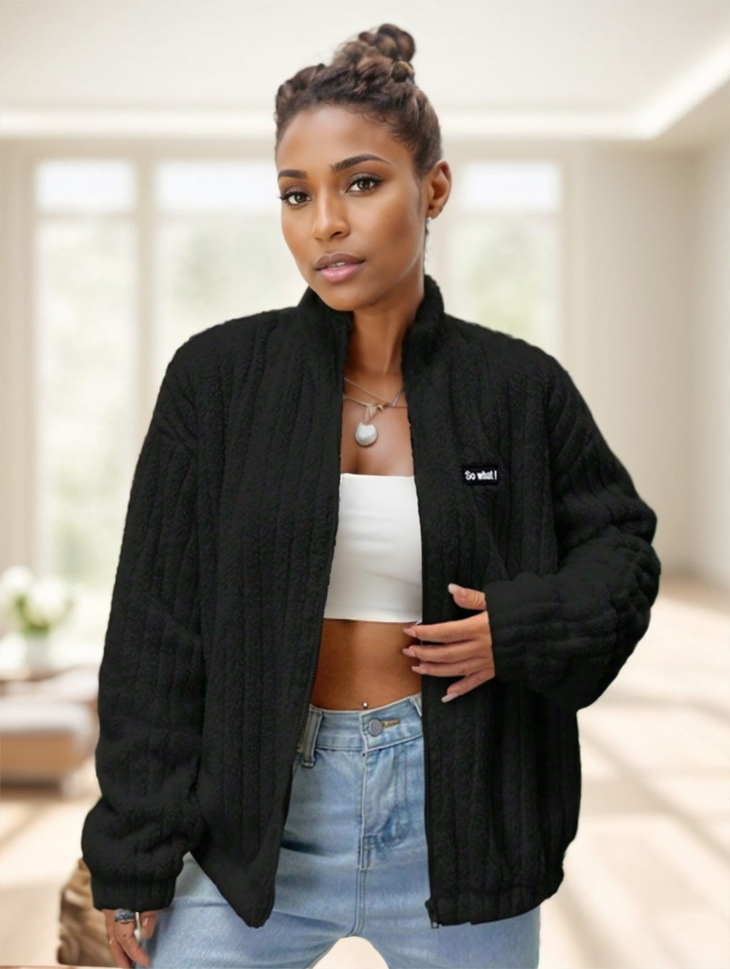 Flirla Letter Patch Drop Shoulder Teddy Jacket