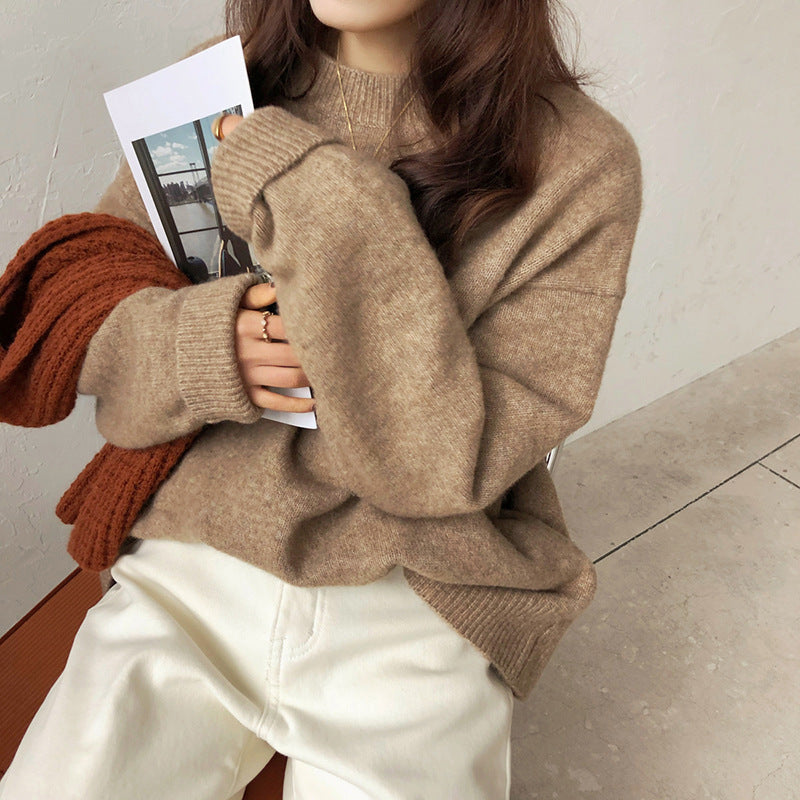 Solid Color Pullover Soft Glutinous Thickened Women's Round Neck Sweater