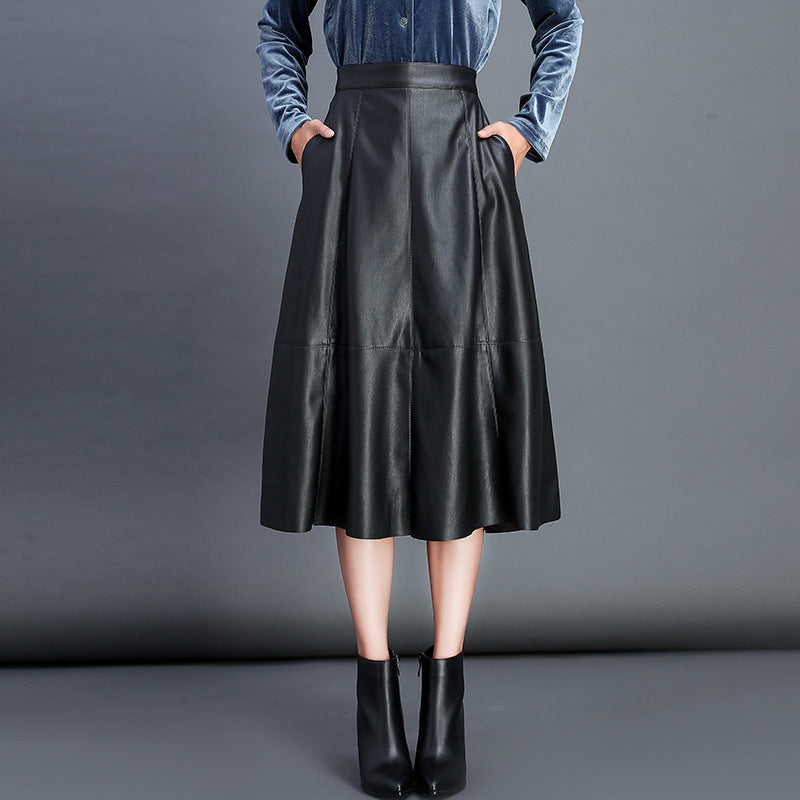 Classic Korean Women Pu Leather Skirt Skirt Pleated Skirt Loose Wild Black Thin