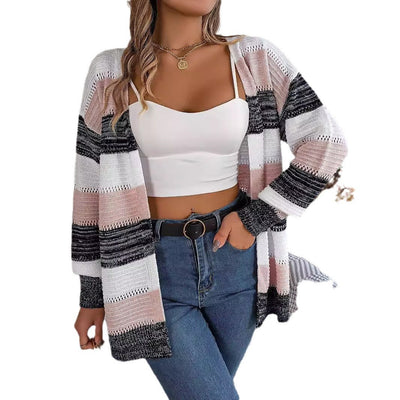 Casual Hollow Contrast Color Striped Lantern Sleeve Cardigan Sweater