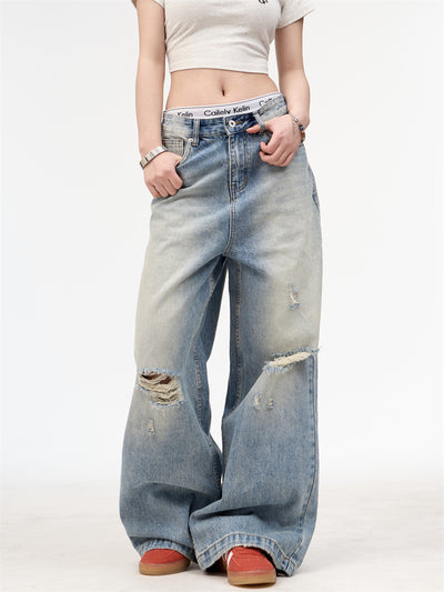 Retro Worn Looking Washed-out Straight Jeans For Men And Women