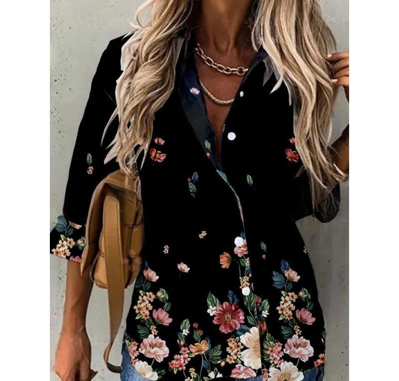 Spring And Summer New Fashionable Printed Collar Long Sleeved Shirt For Women