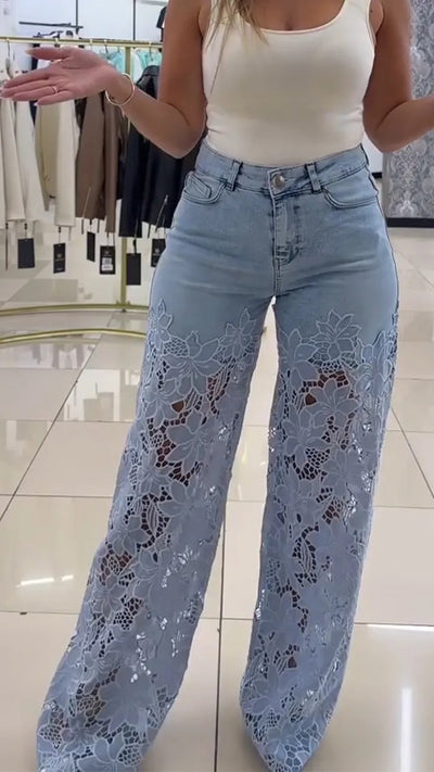 Women's Fashionable Hollow Lace Stitching High Waist Wide Leg Pants