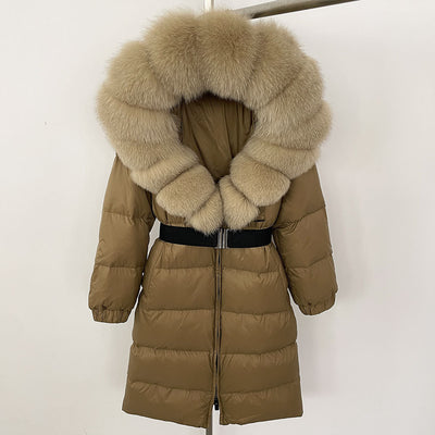 Women's Long Cinched Hoodie Real Fox Fur Collar Coat