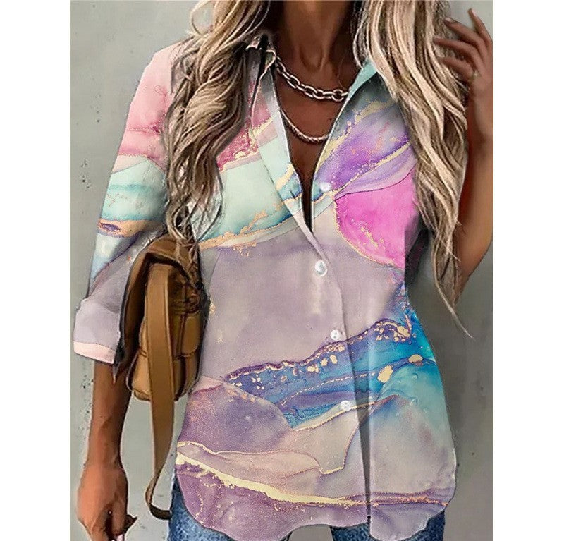 Spring And Summer New Fashionable Printed Collar Long Sleeved Shirt For Women