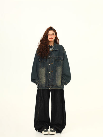 Washed-out Vintage Blue Denim Coat Couple Jacket