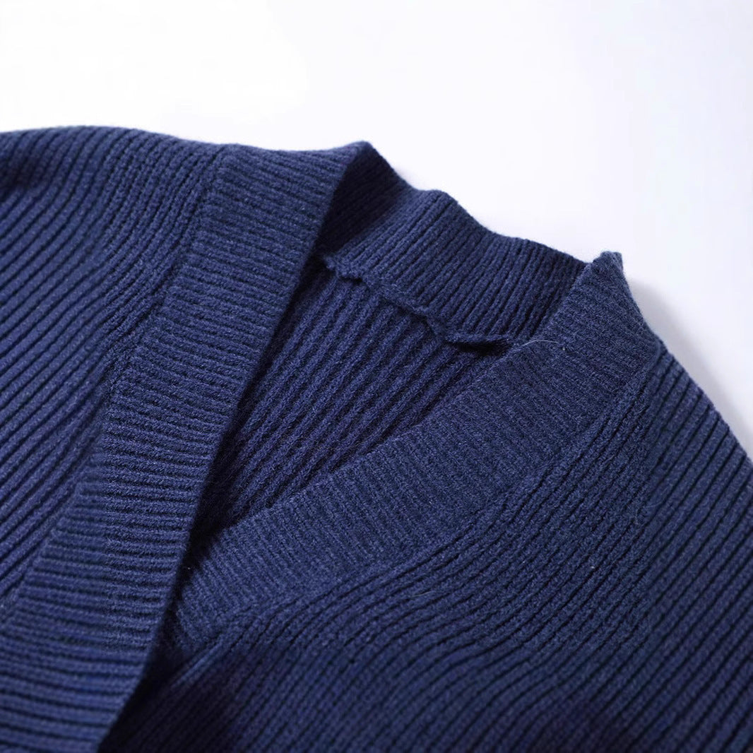 Dark Blue Irregular V-neck Fitted Waist Sweater Knitwear Autumn And Winter