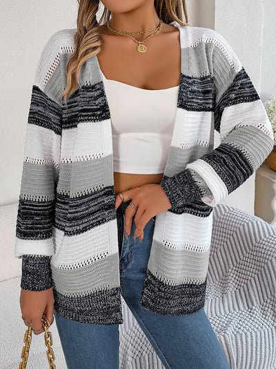 Casual Hollow Contrast Color Striped Lantern Sleeve Cardigan Sweater