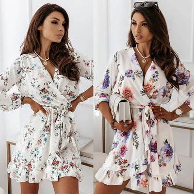 Irregular Ruffled Printed Dress Women