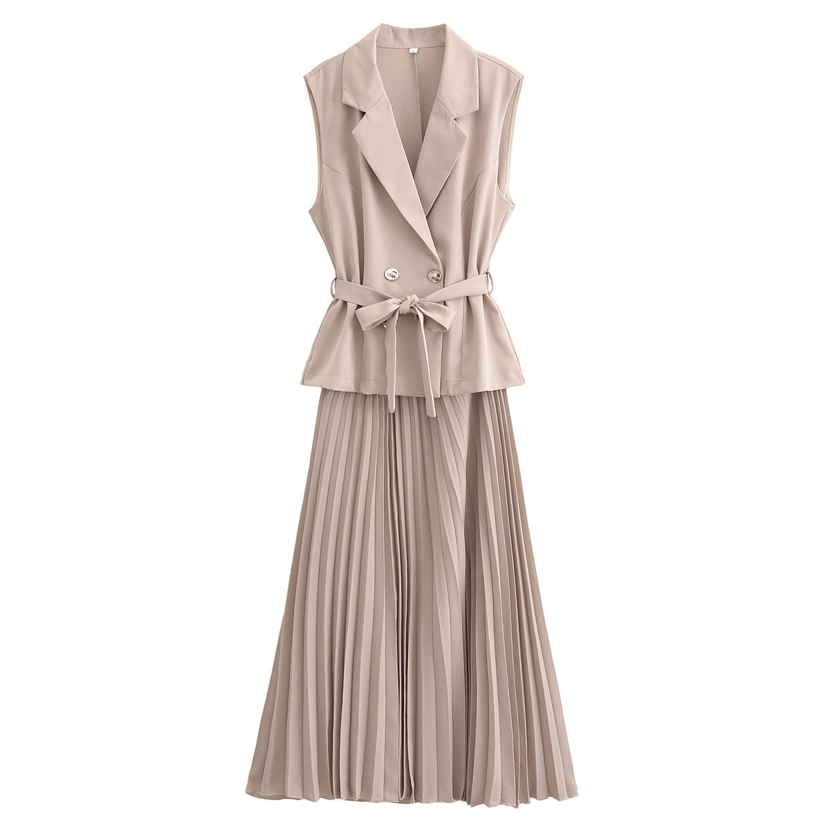 European And American Double Breasted With Belt Vest Pleated Skirt Dress