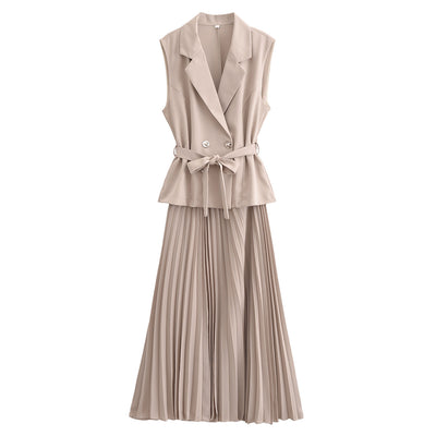 European And American Double Breasted With Belt Vest Pleated Skirt Dress