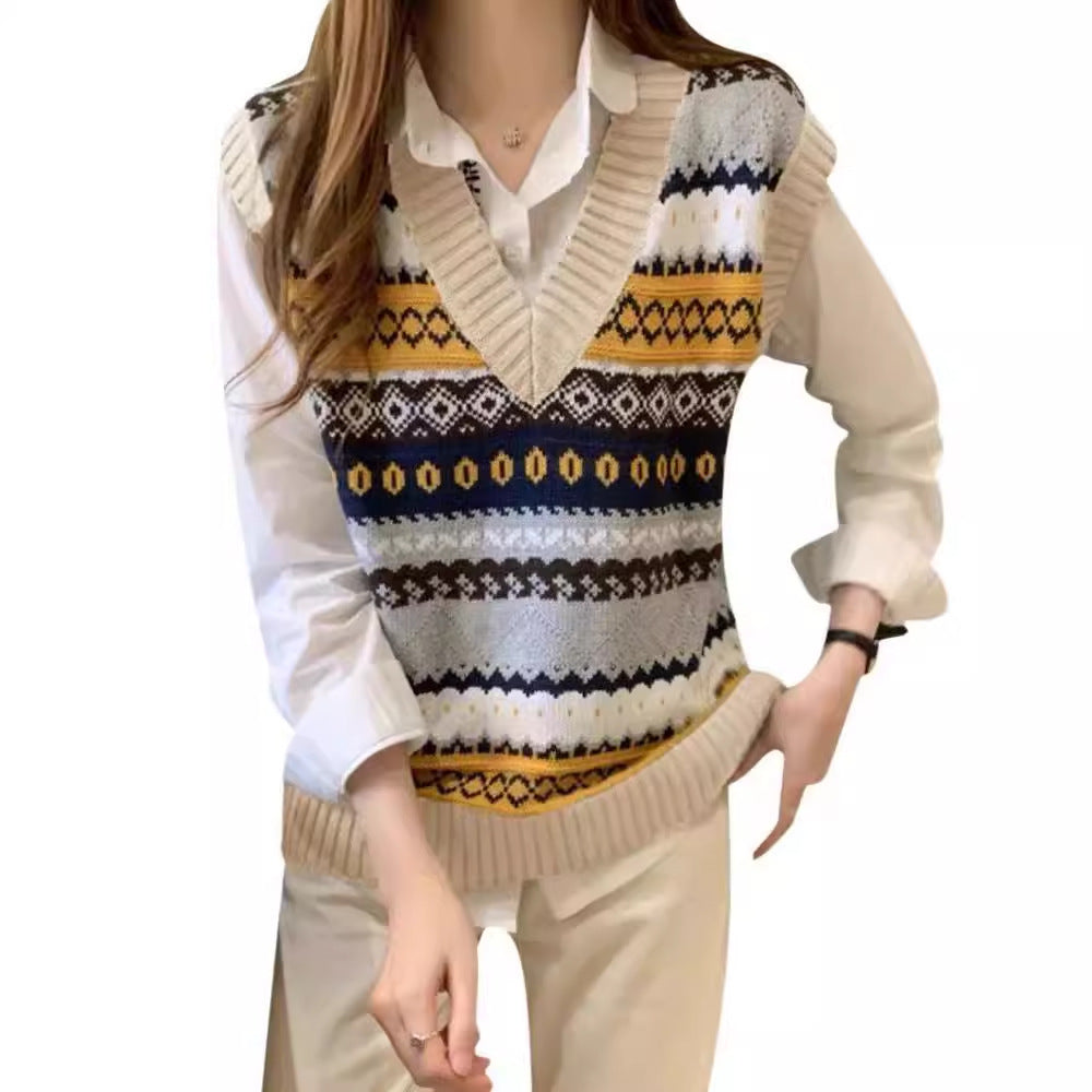 Retro V-neck Rhombus Vest Women's Knitted Jacquard Sleeveless Sweater