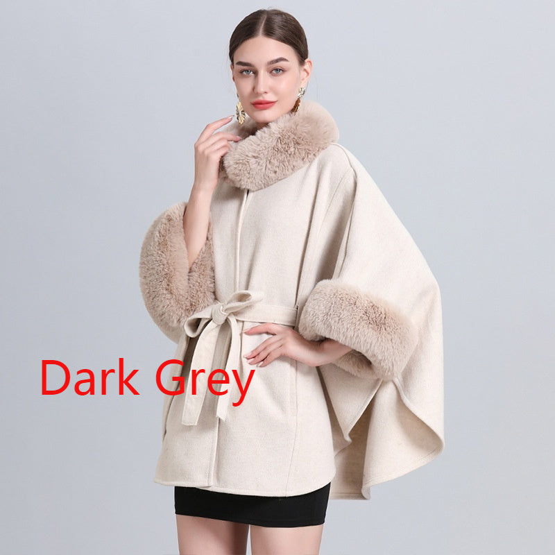 Rabbit Fur Collar Knitted Shawl Cape Lace-up Woolen Coat