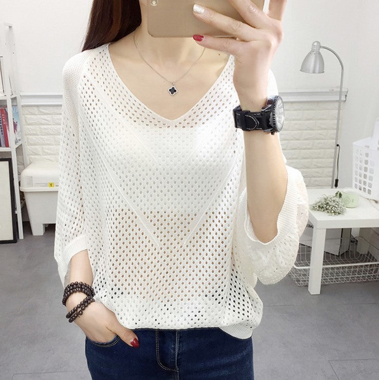 Hollow-out Short-sleeved Loose Knitted Shirt V-neck