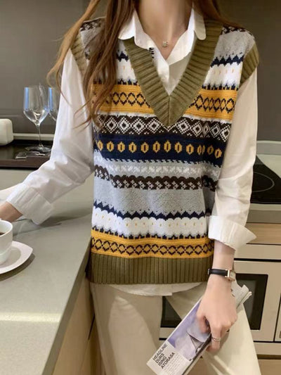 Retro V-neck Rhombus Vest Women's Knitted Jacquard Sleeveless Sweater