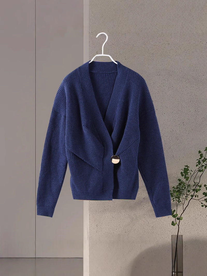 Dark Blue Irregular V-neck Fitted Waist Sweater Knitwear Autumn And Winter