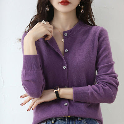 Round Neck Knitted Cardigan Coat For Women