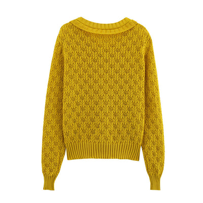 Lemon Yellow Ruffled Hollow-out Short Knitted Cardigan