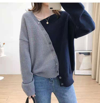 Diagonal Button Design Sense Contrast Color Long Sleeves Knitwear For Women