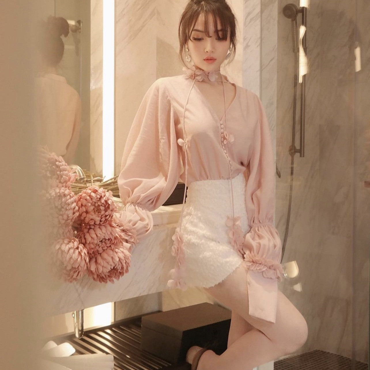 Shirt Three-dimensional Flower Shorts Set For Women