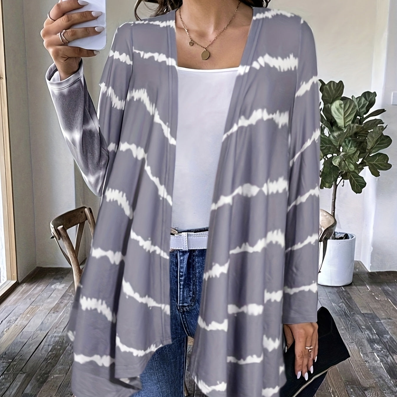 Ladies' Printed Buttonless Open Top Fashionable Versatile Vacation Jacket Top