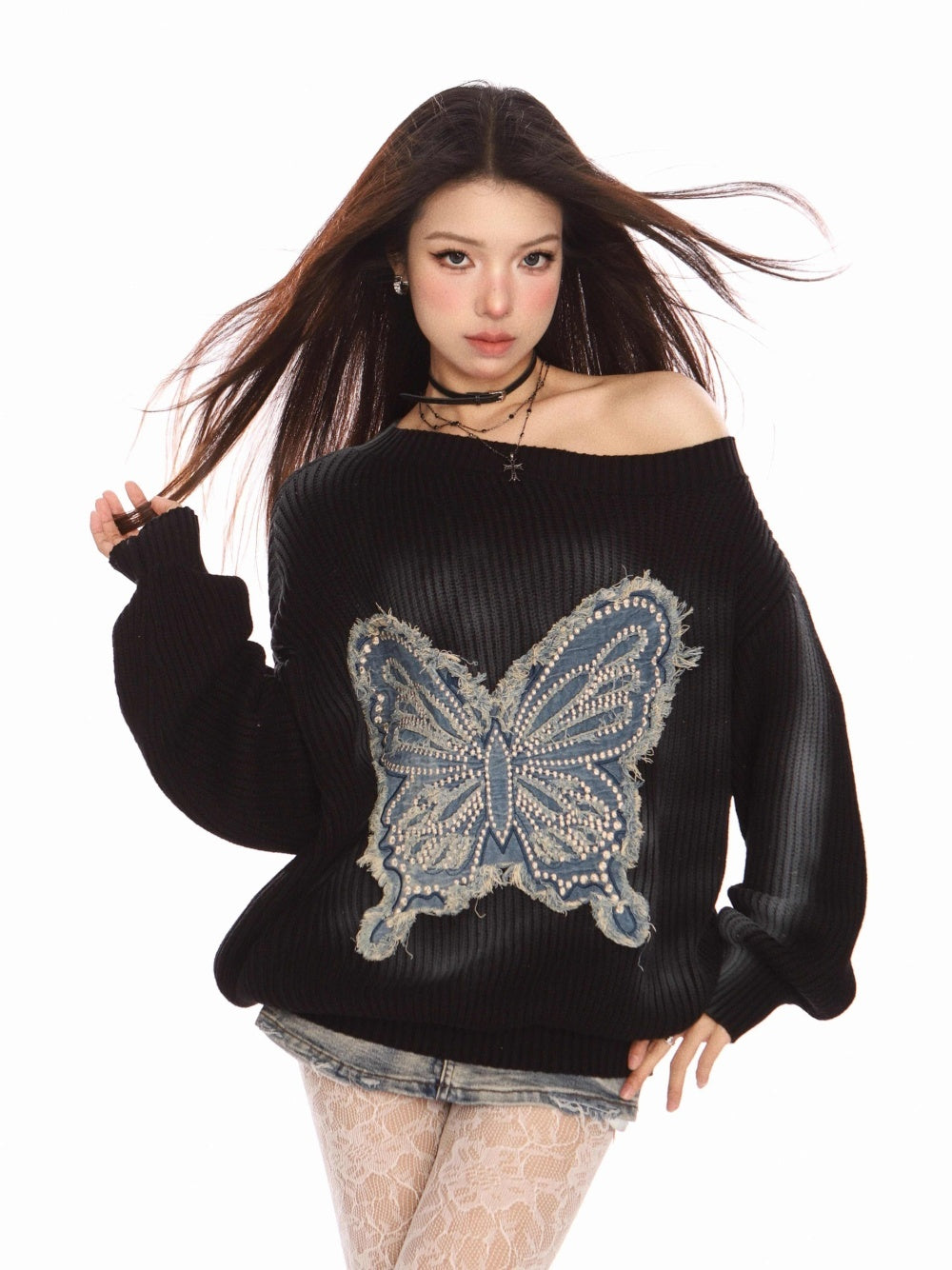 Women's Embroidered Butterfly Shoulder Sweater