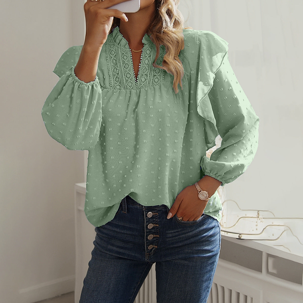 Spring And Summer Ruffled Lantern Sleeves Lace Stitching Coat