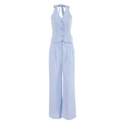 Blue Cotton Linen Sleeveless Waistcoat Vest Trousers Suit