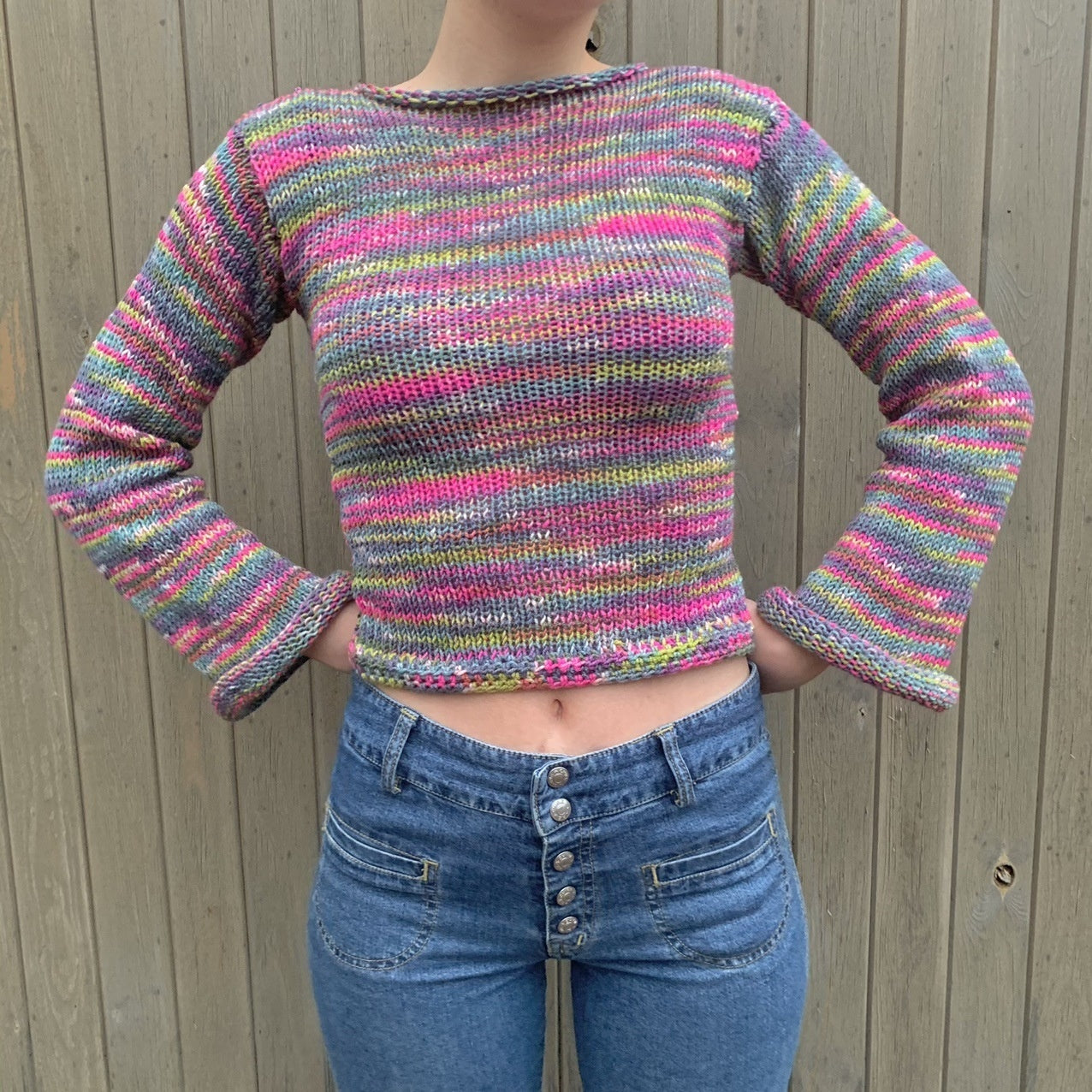 Autumn And Winter Women's Pullover Stripe Round Sweater Loose Plus Size Rainbow Sweater