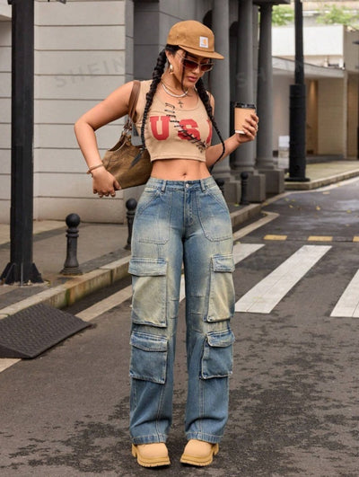 Retro Nostalgic Washed Multi-pocket Cargo Pants Straight Jeans
