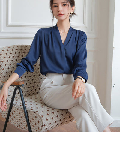 Elegant V-neck Satin Shirt Women's Commuter Formal Wear