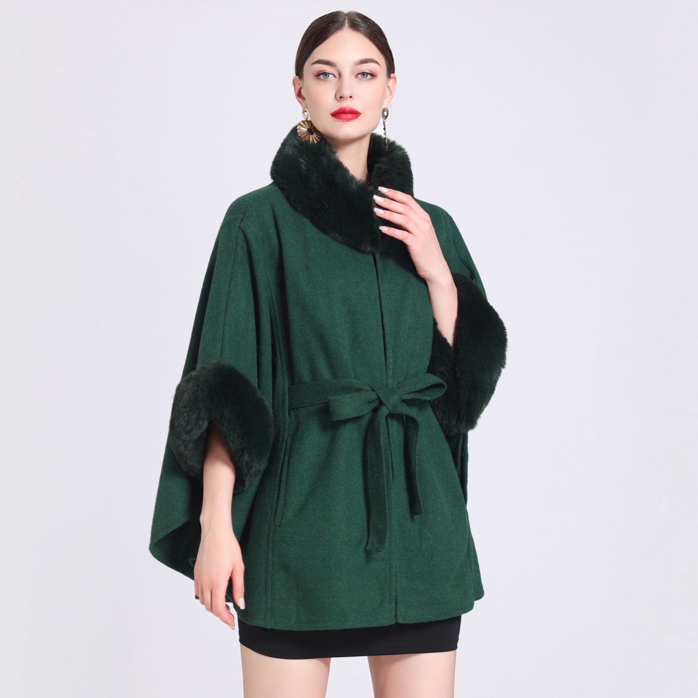 Rabbit Fur Collar Knitted Shawl Cape Lace-up Woolen Coat