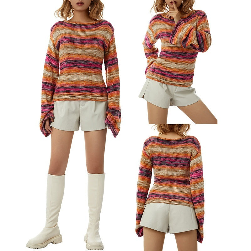 Autumn And Winter Women's Pullover Stripe Round Sweater Loose Plus Size Rainbow Sweater