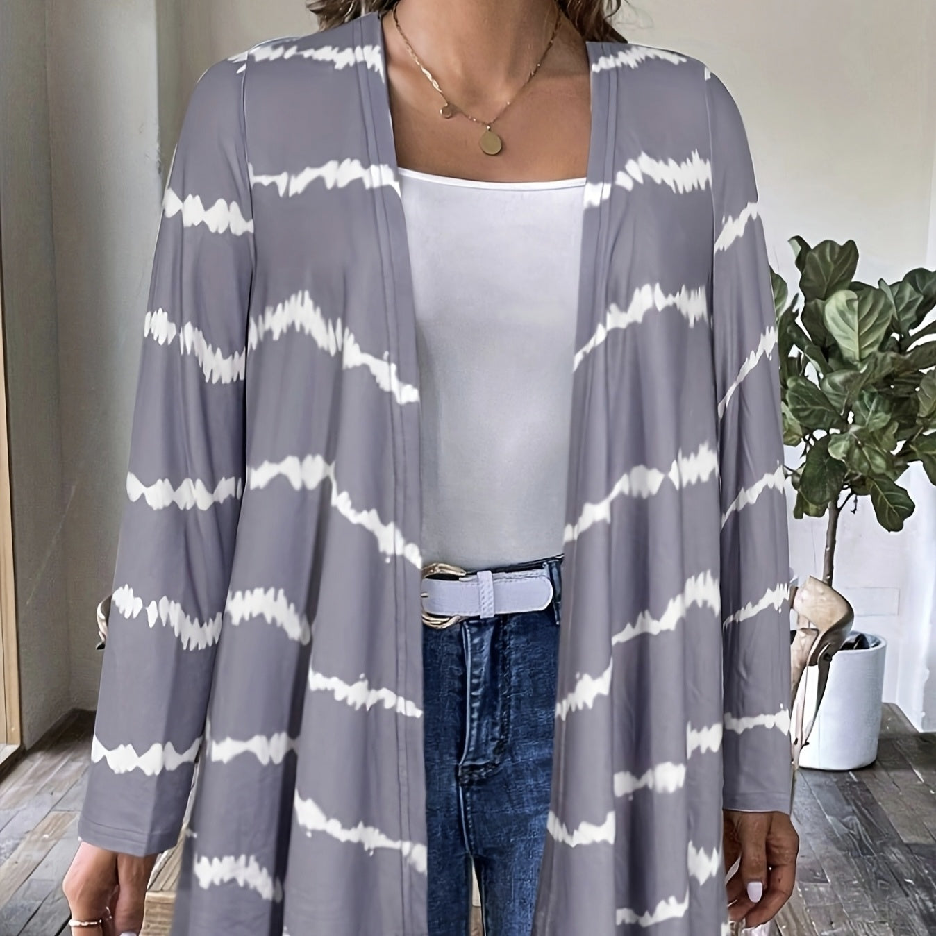 Ladies' Printed Buttonless Open Top Fashionable Versatile Vacation Jacket Top