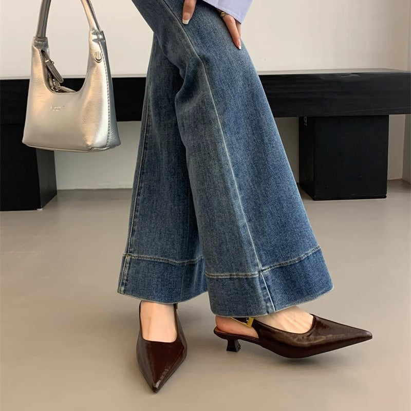 Thin Low Heel Strap Pointed Leather Shoes