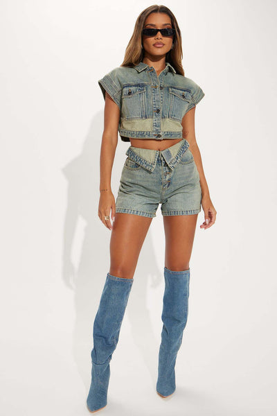 European And American Fashion Casual Denim Color Matching Two-piece Women's Clothing