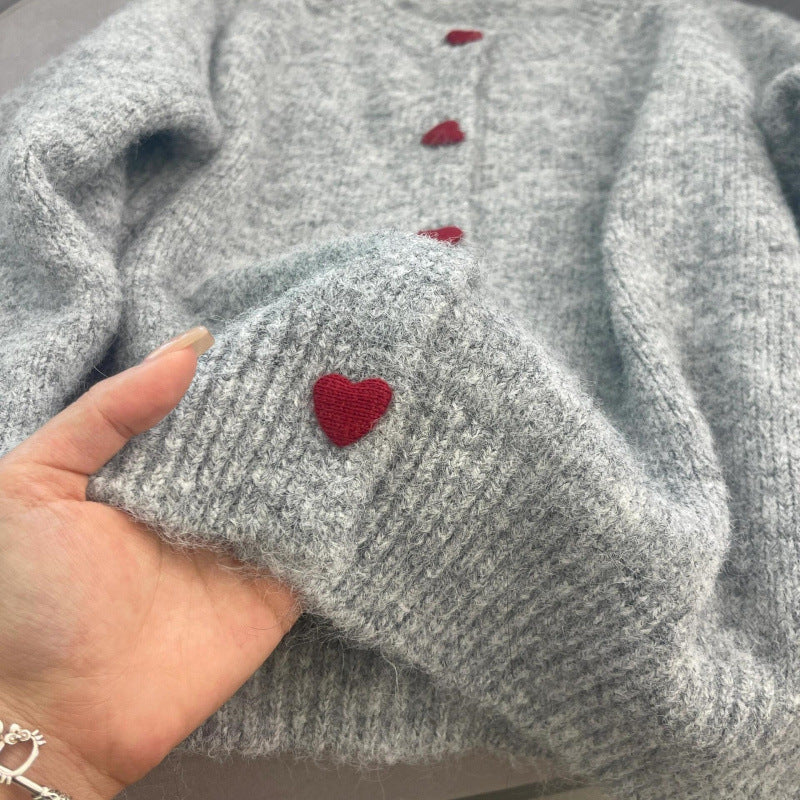 Gray With Heart Button Sweater Coat Women's Loose
