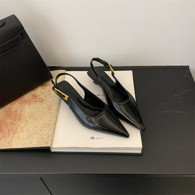 Thin Low Heel Strap Pointed Leather Shoes