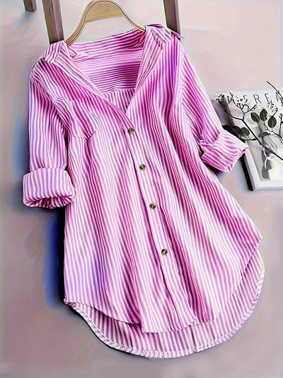 Women's Striped Button Casual Loose Long-sleeved Shirt
