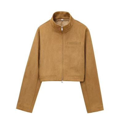 Versatile Stand Collar Long Sleeve Short Zip Suede Jacket