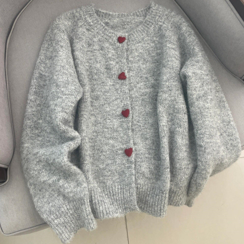 Gray With Heart Button Sweater Coat Women's Loose