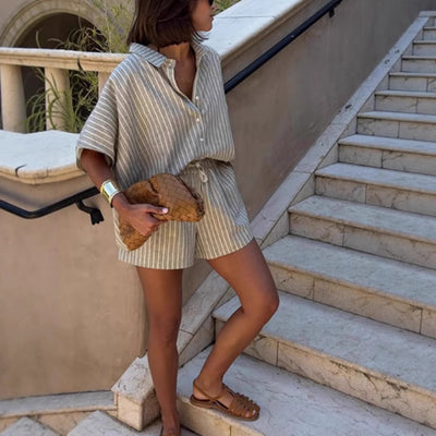 Striped Shirt Pocket Shorts Loose Leisure Suit Women