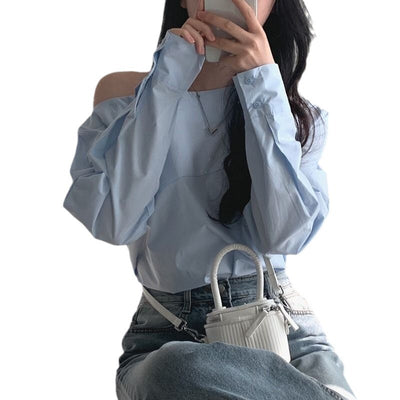 Single-side Off-shoulder Loose Long-sleeved Shirt Women's Top