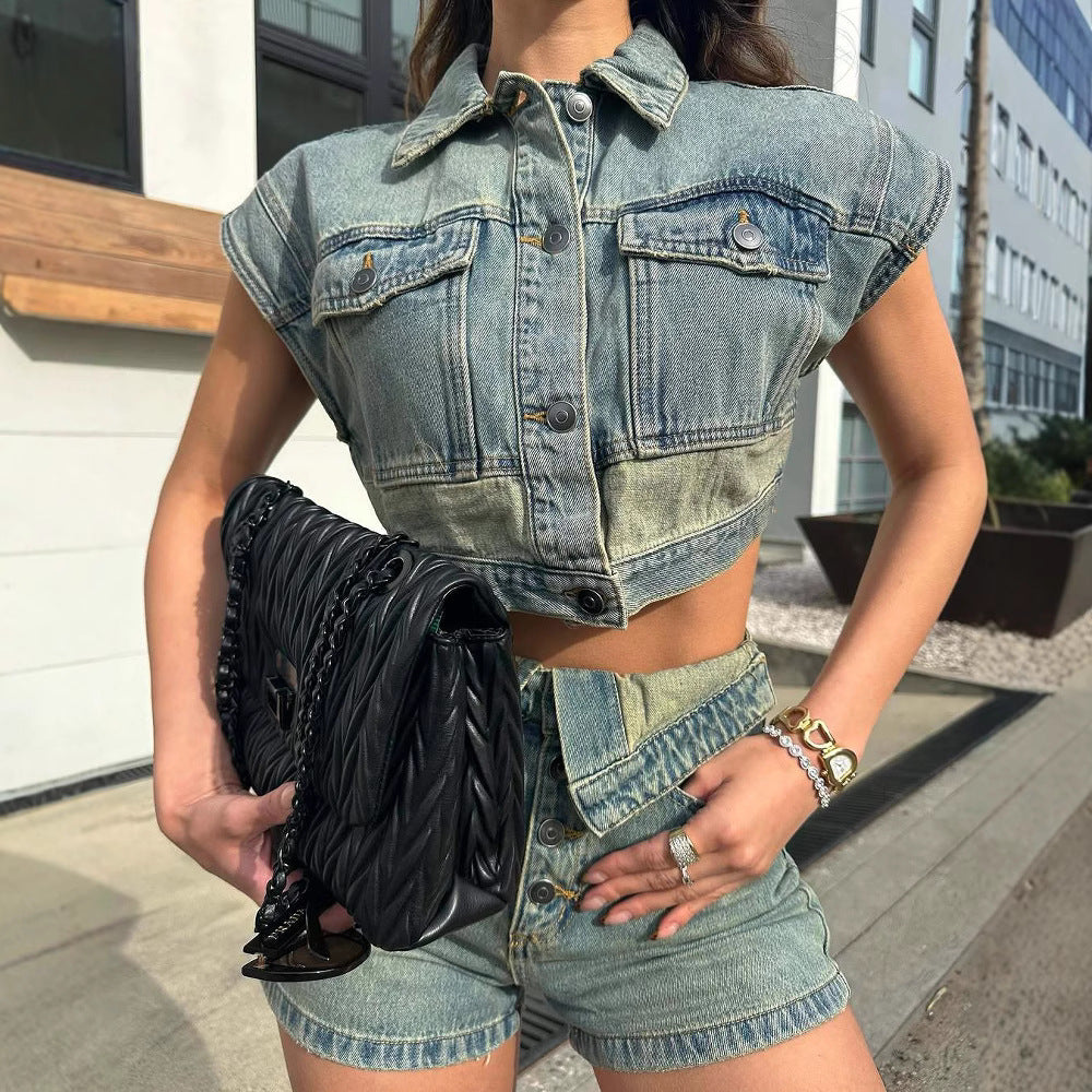 European And American Fashion Casual Denim Color Matching Two-piece Women's Clothing
