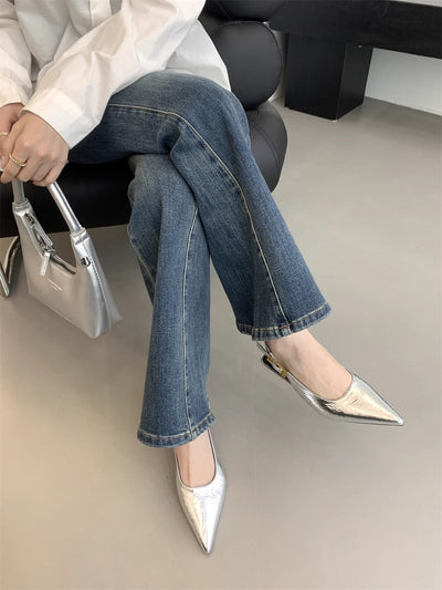 Thin Low Heel Strap Pointed Leather Shoes