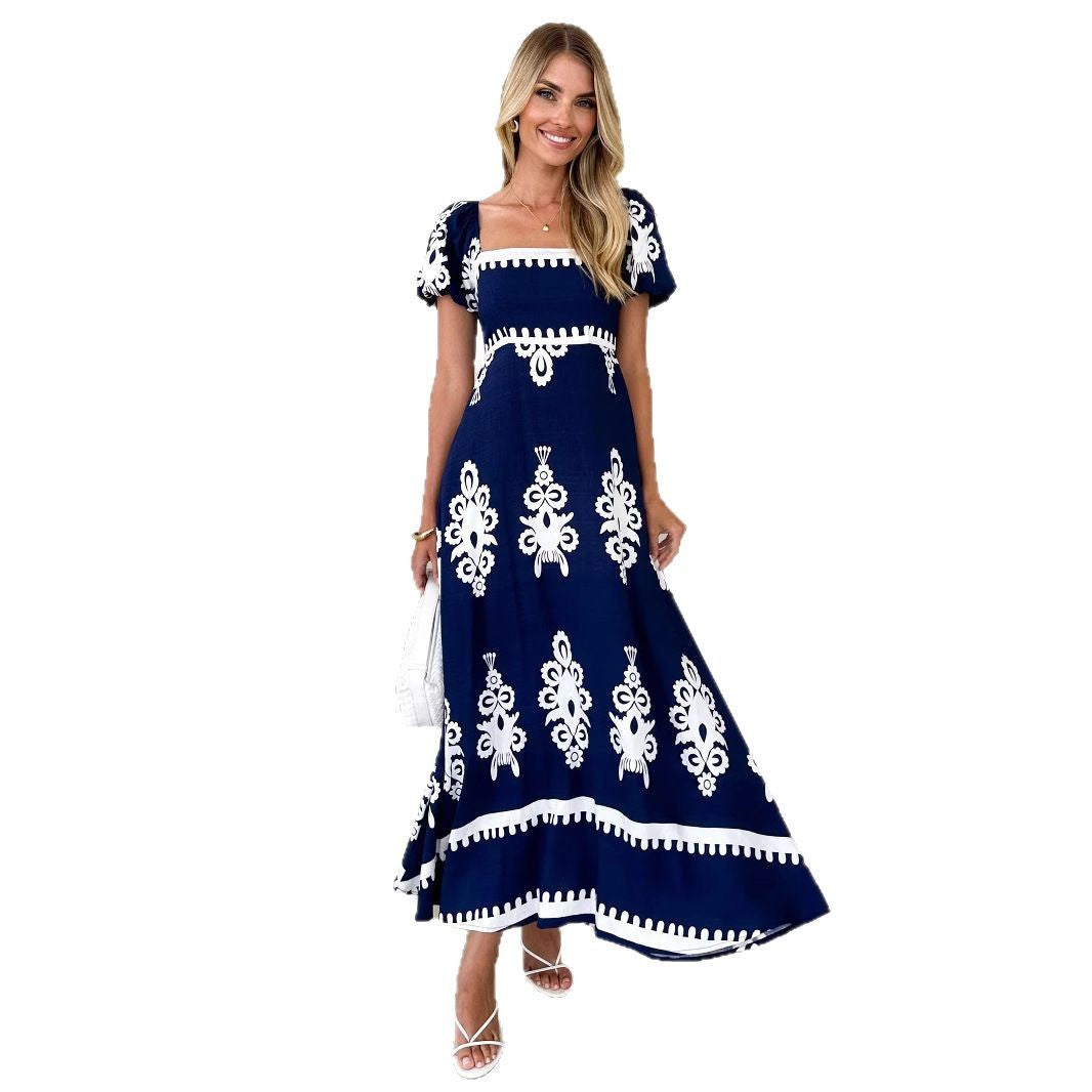 Vacation Style Printed Beach Dress Smocking Dress Women